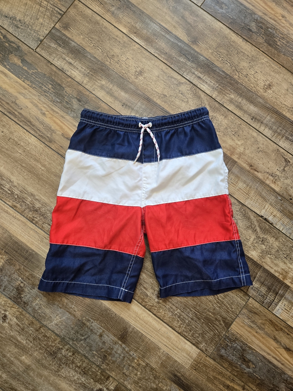 Lands’ End Boys Colorblock Swim Trunks Red White Navy Blue Size L 14-16